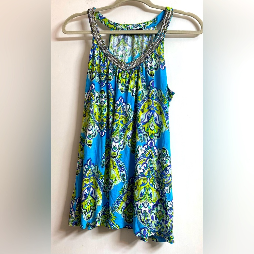 International Concepts Women Blue Floral Embellished Neck Tank